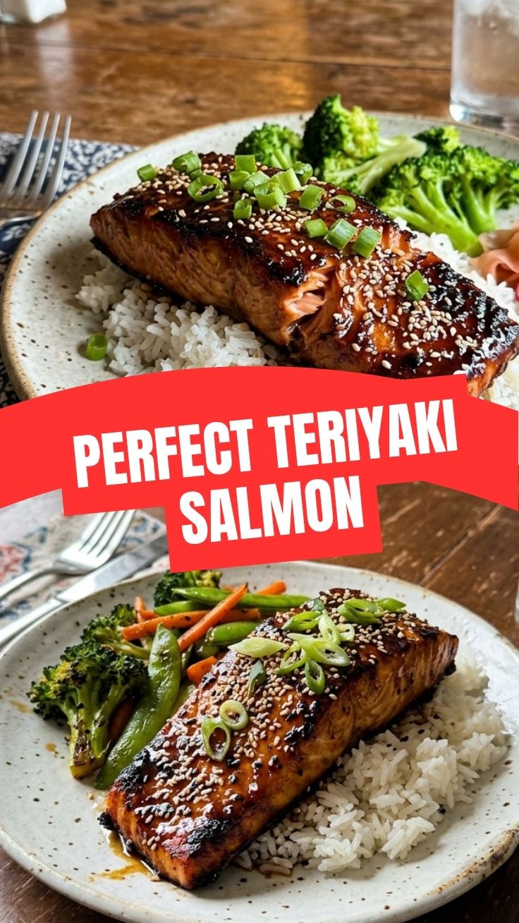 A perfectly glazed teriyaki salmon fillet, ready to serve.
