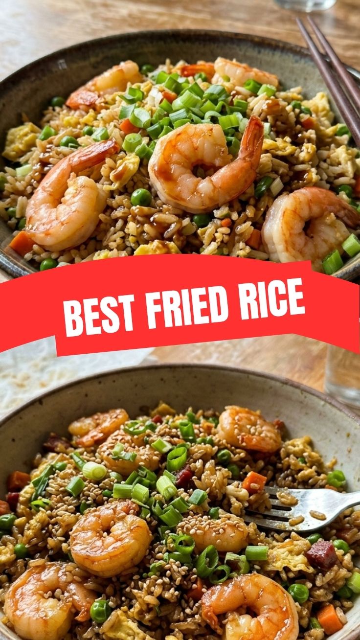 Shrimp fried rice in a wok with green onions