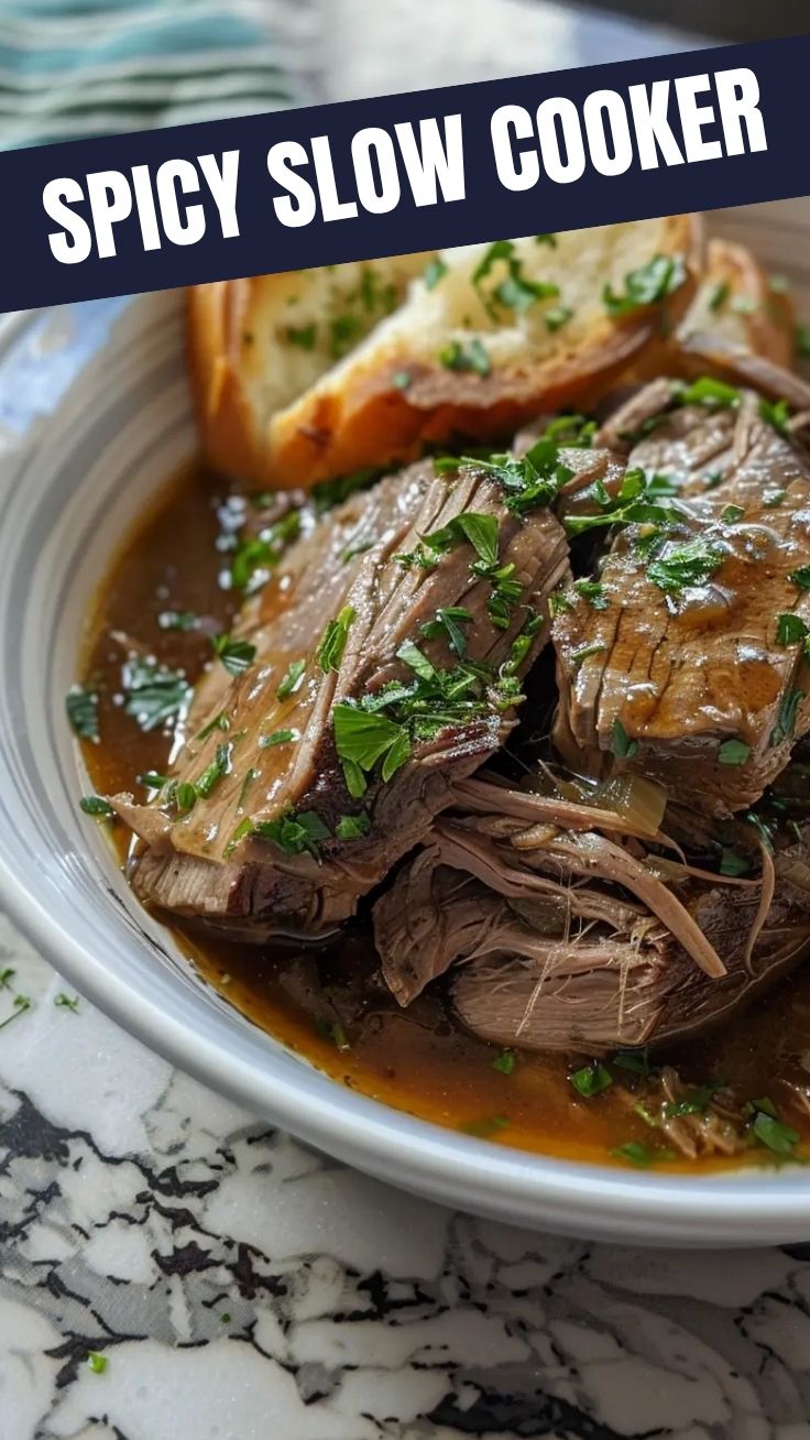 A slow cooker pot roast with carrots, potatoes, and herbs