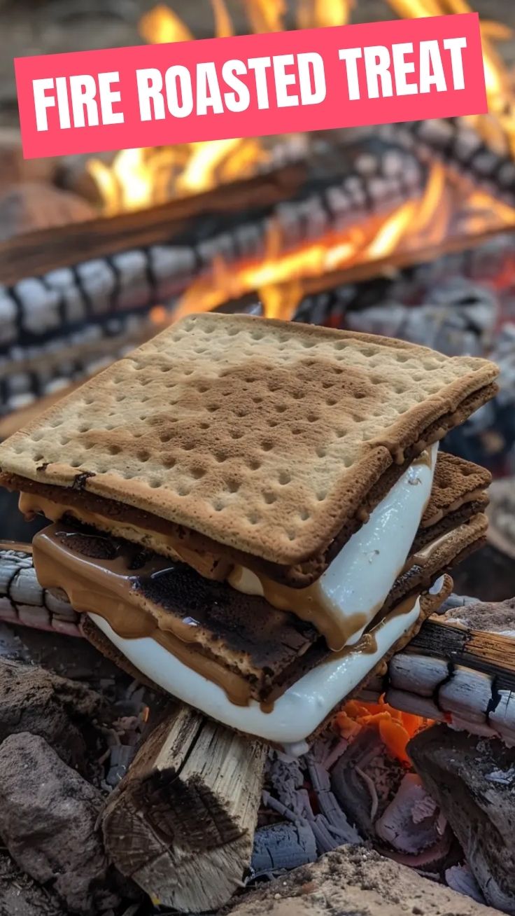 A perfect S'mores marshmallow being toasted over an orange campfire