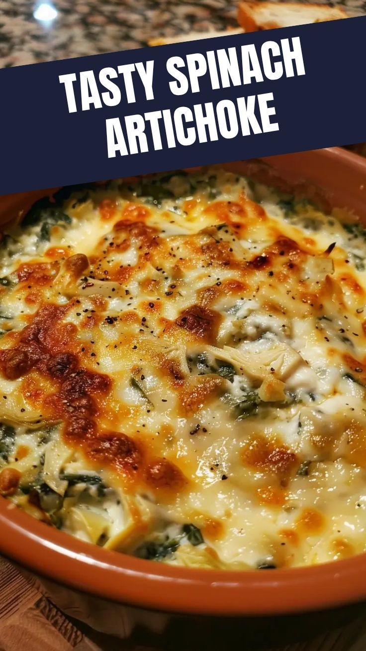 A hot and bubbly spinach artichoke dip, freshly baked and ready to serve.