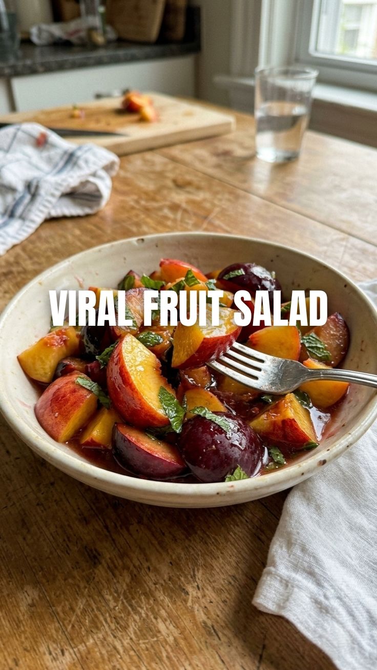 Stone Fruit Salad with Peaches and Plums A beautiful bowl of stone fruit salad with peaches, plums, and a drizzle of honey lime dressing