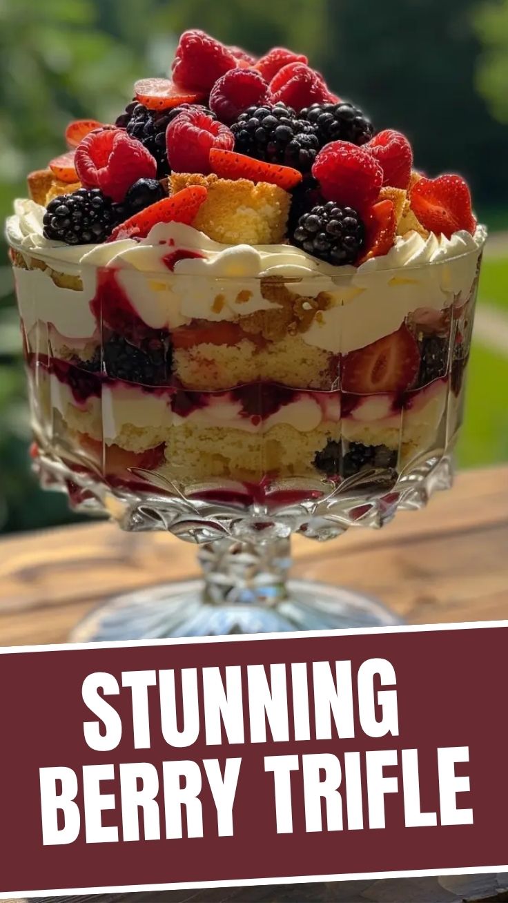 Layered Summer Berry Trifle in a glass bowl with fresh berries and whipped cream