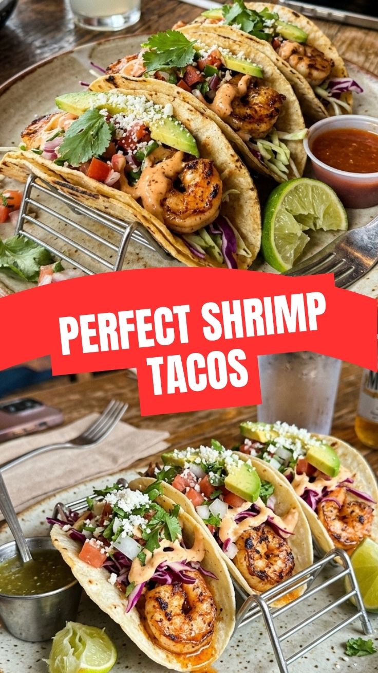 Delicious shrimp tacos with fresh toppings on a white plate.