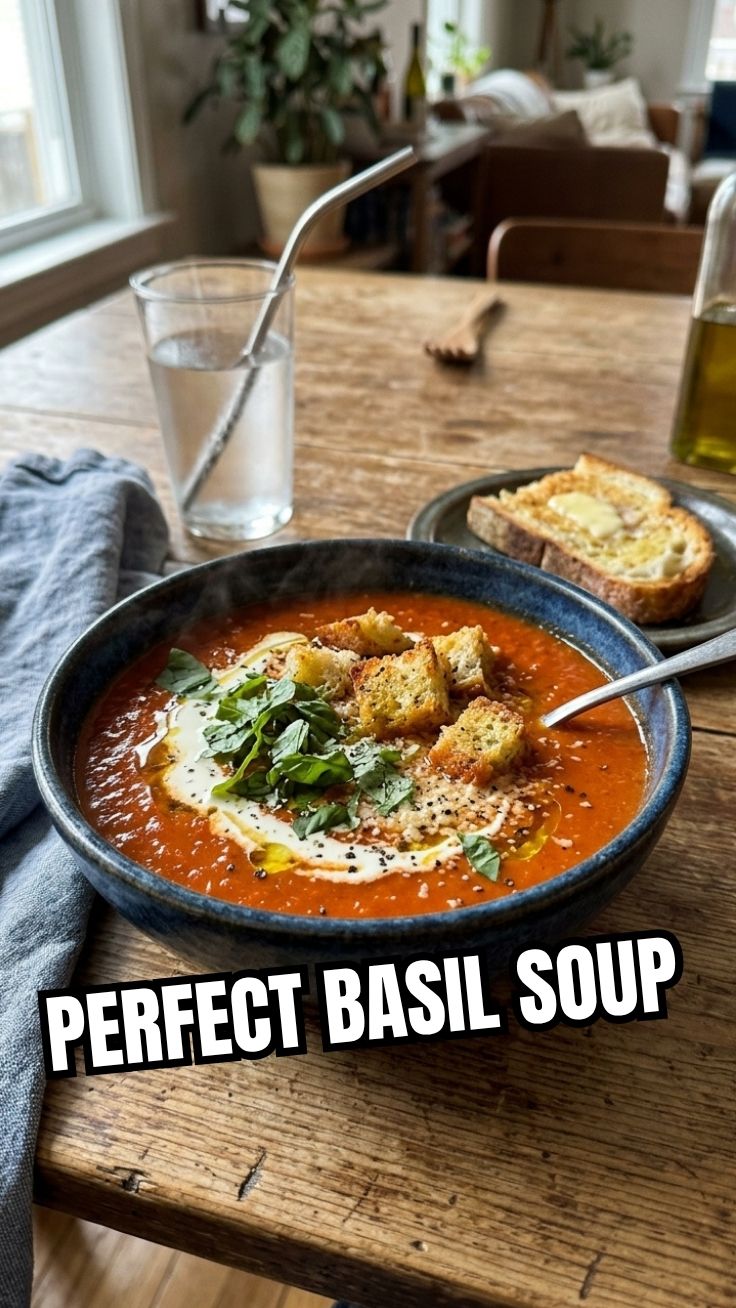 Hot tomato basil soup in a bowl
