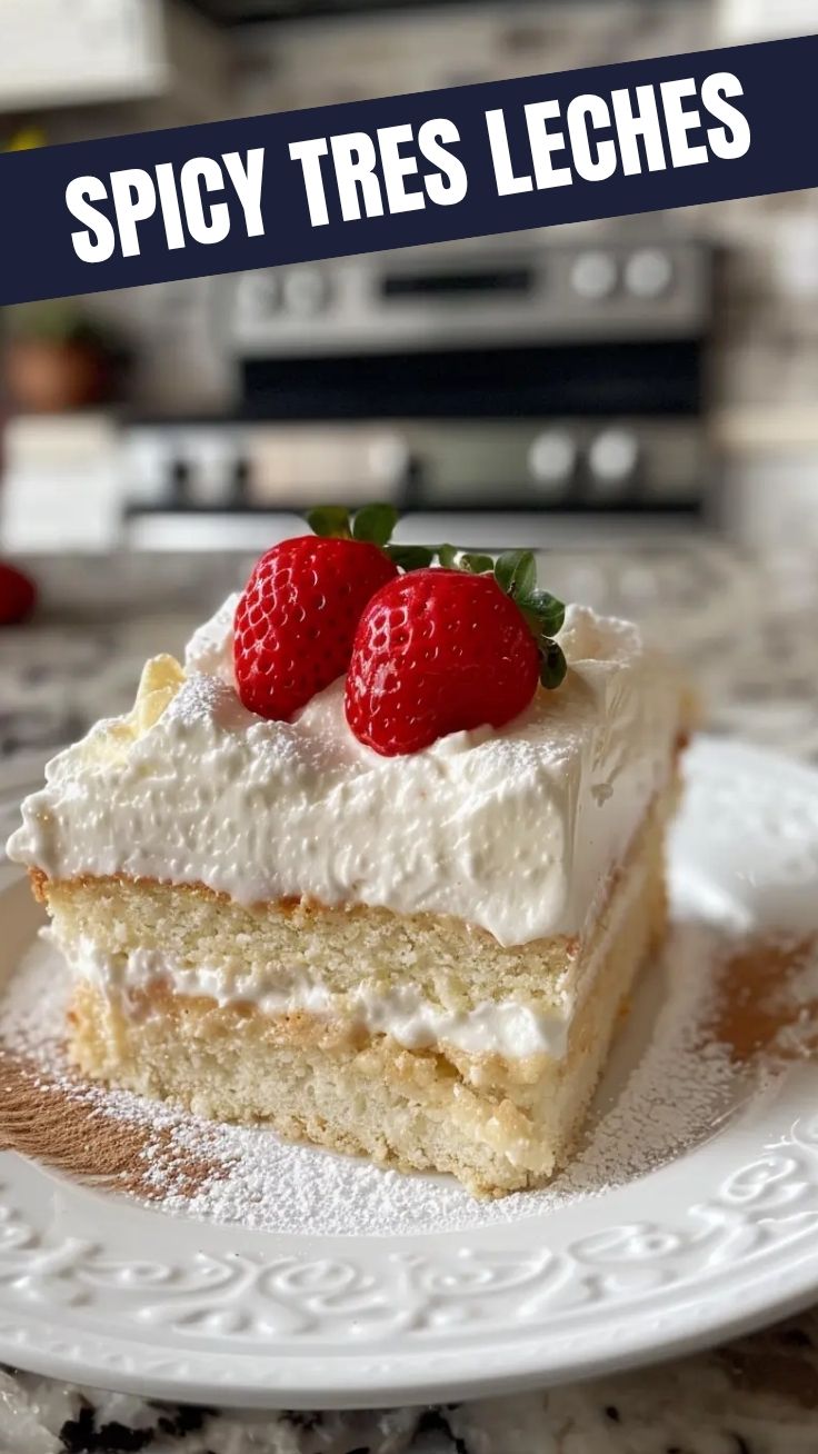 A delectable slice of Tres Leches cake with a pristine white topping.