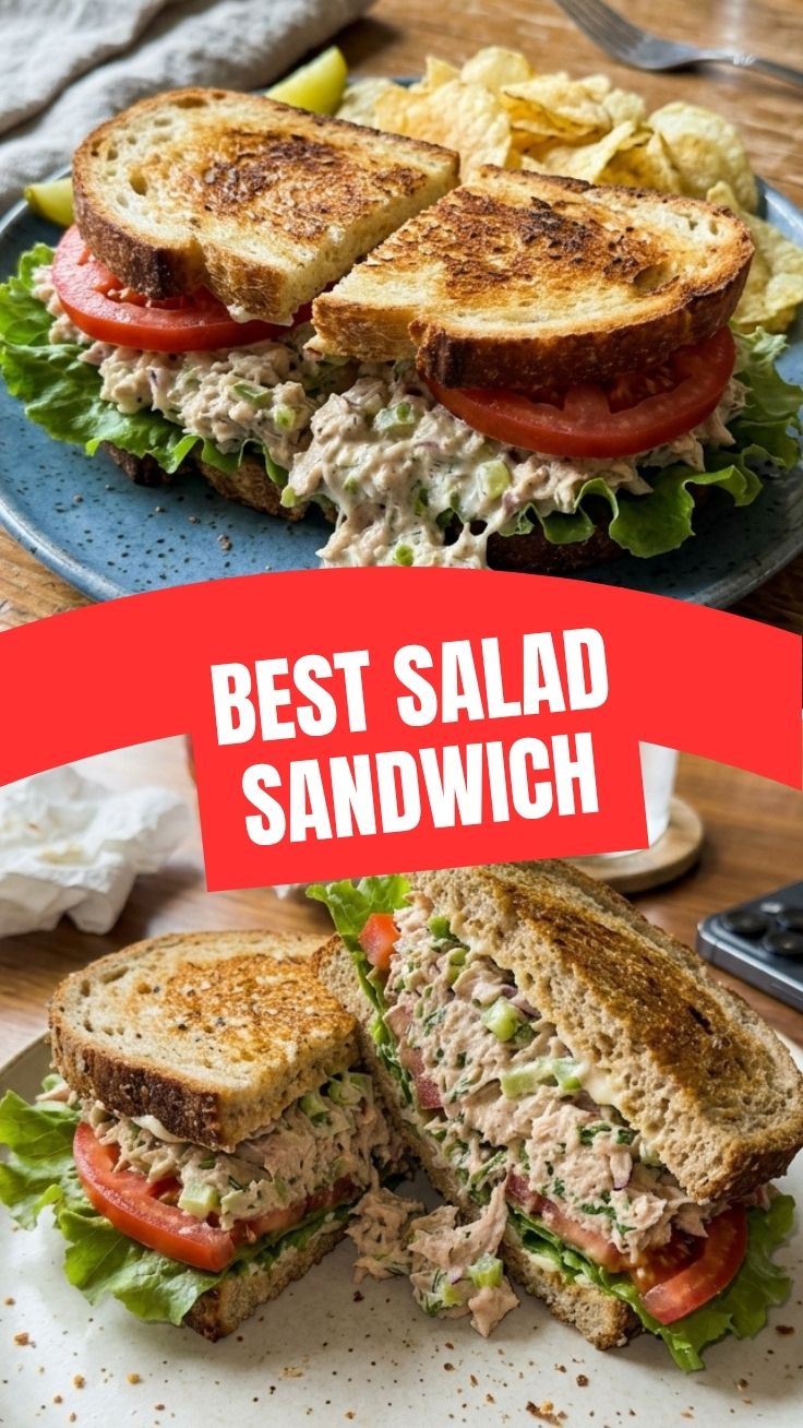 Close-up of a tuna salad sandwich on toasted bread with fresh celery pieces visible