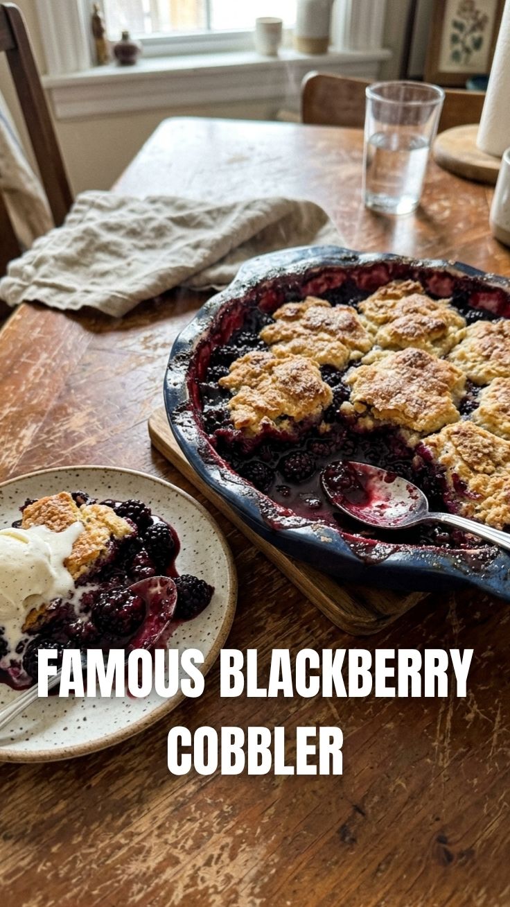 Warm blackberry cobbler in a baking dish