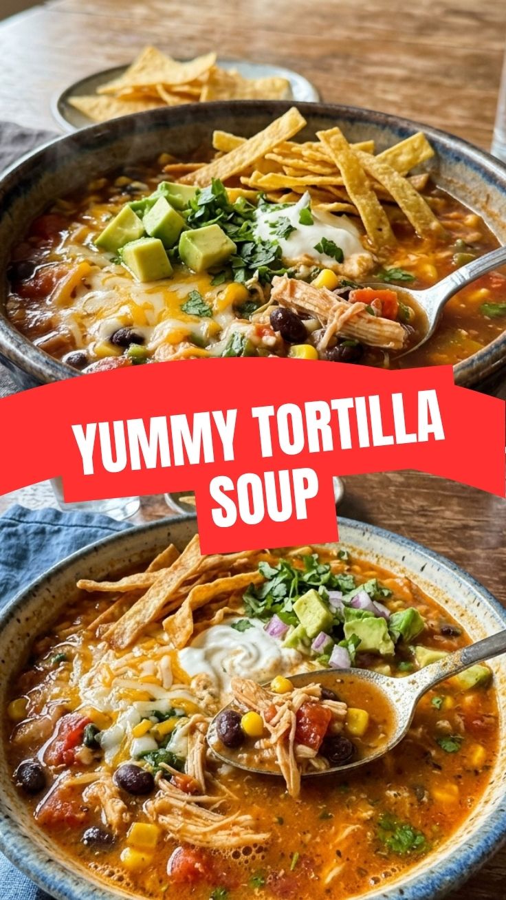 Warm bowl of Chicken Tortilla Soup with toppings