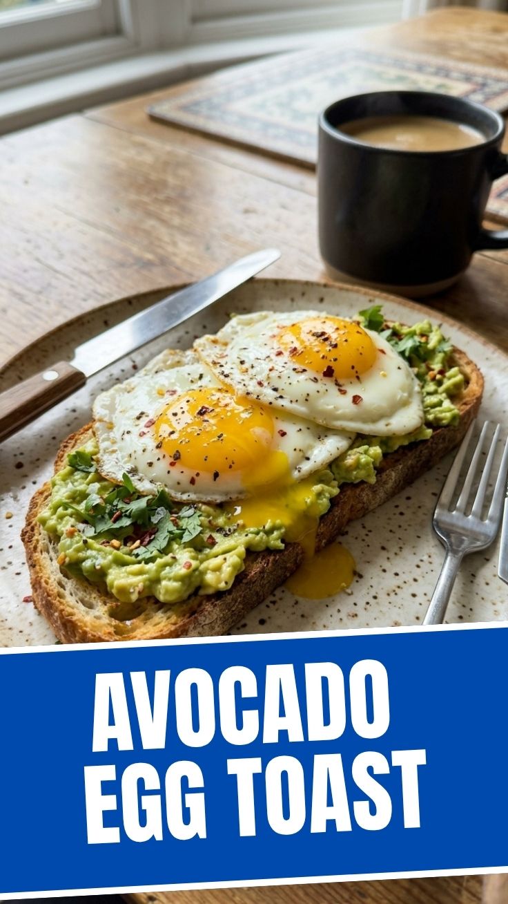 Avocado Egg Toast with high protein content, featuring perfectly cooked eggs and mashed avocado on toasted bread.