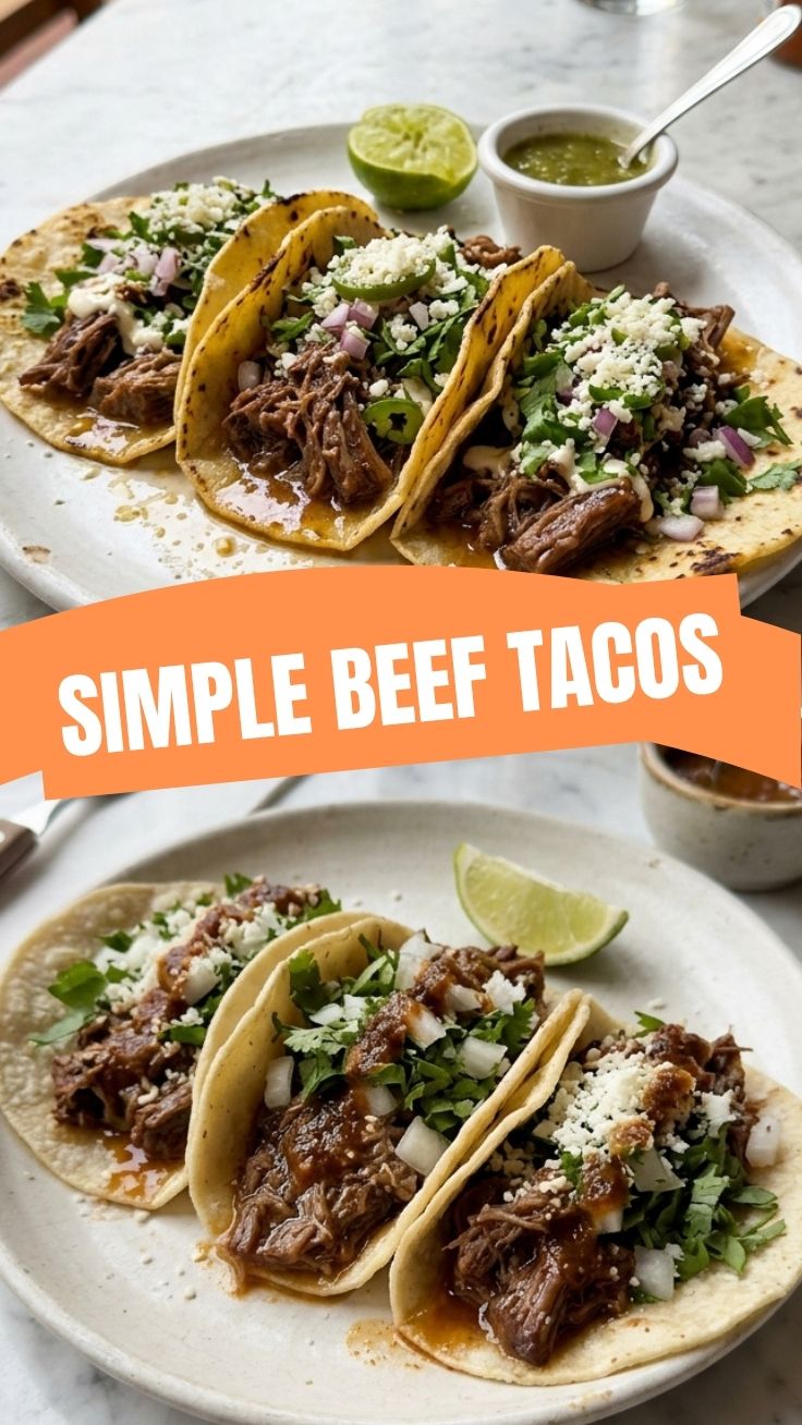Close-up of three beef tacos with fresh toppings