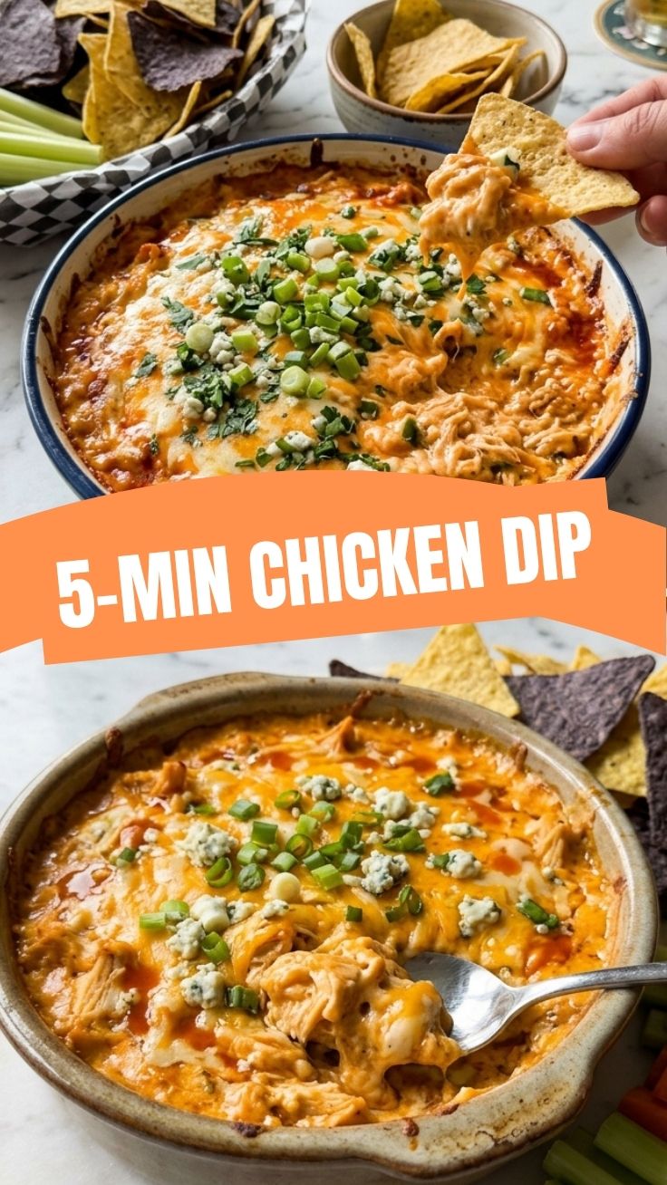 A hot and cheesy buffalo chicken dip in a baking dish, ready to serve.