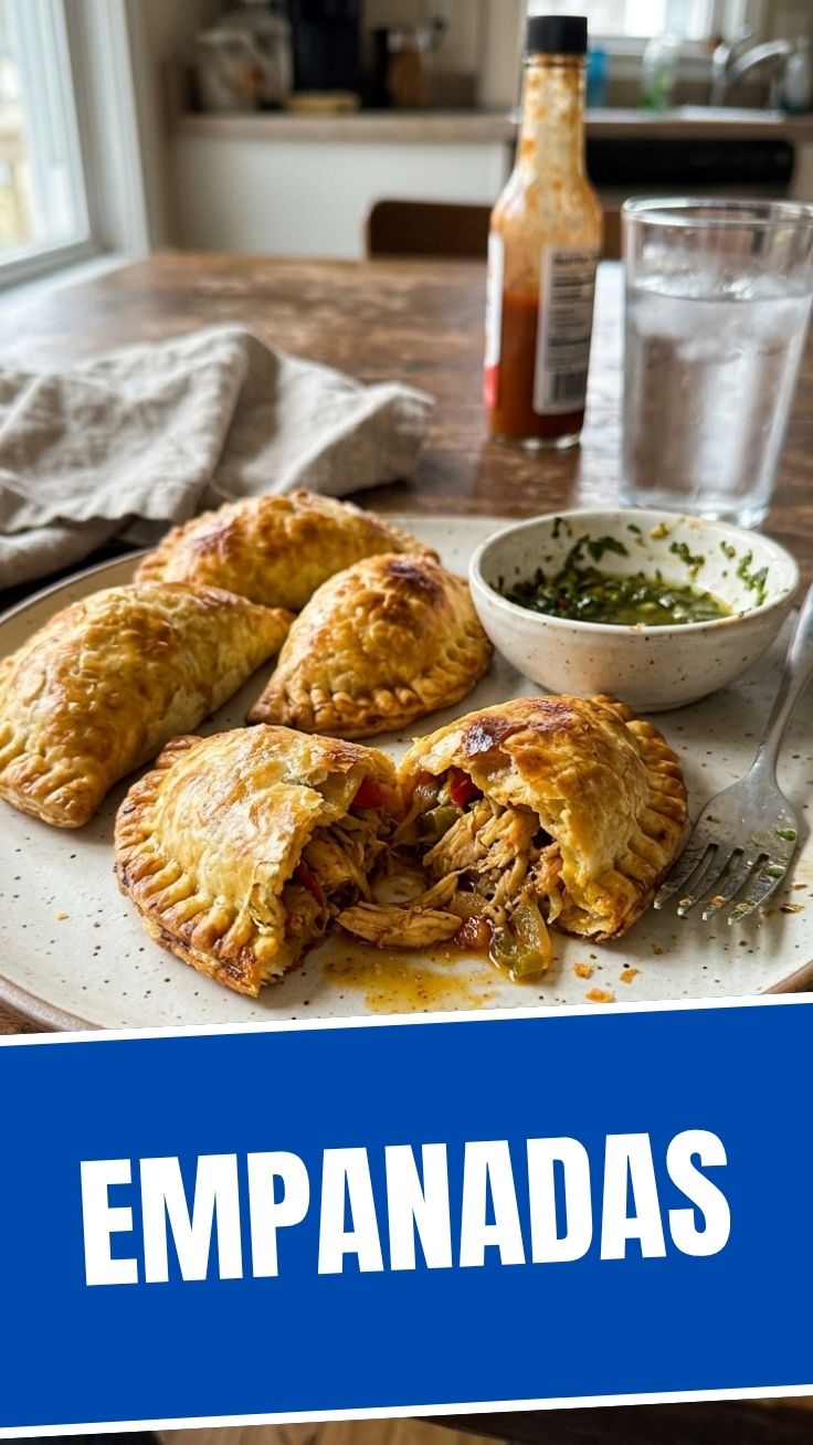 Freshly baked chicken empanadas on a wooden board