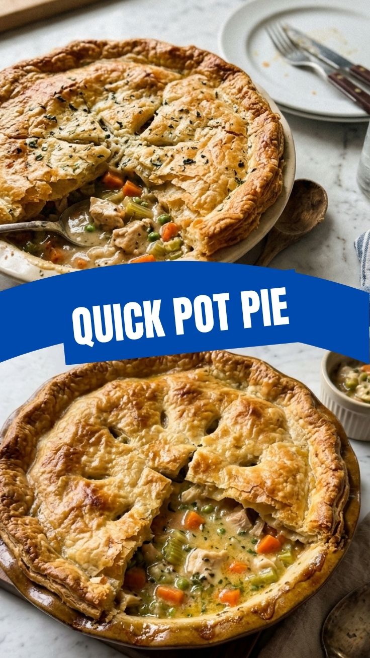 Golden chicken pot pie with flaky lattice crust, fresh from oven
