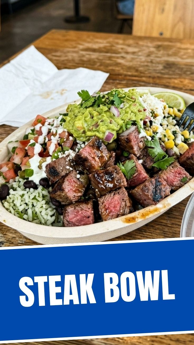 Chipotle-style steak bowl with rice, beans, corn, salsa, and avocado