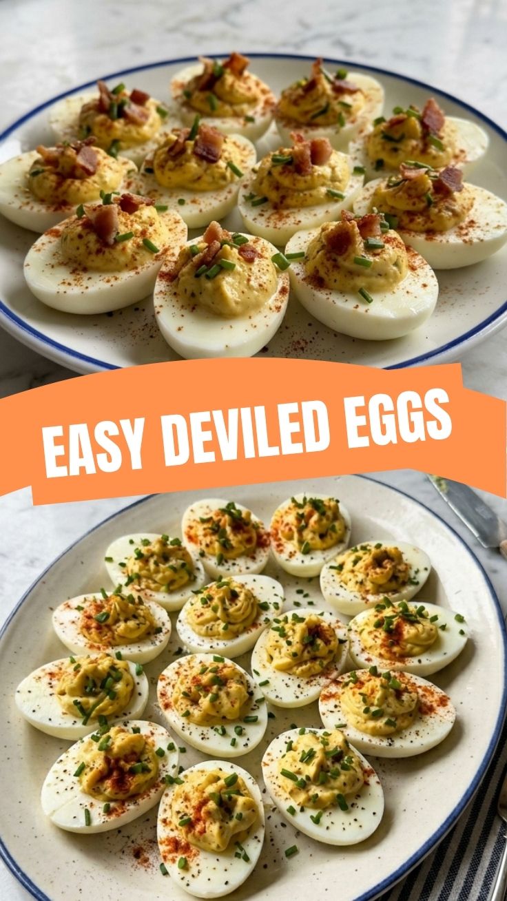 A platter of classic deviled eggs, neatly arranged and garnished.