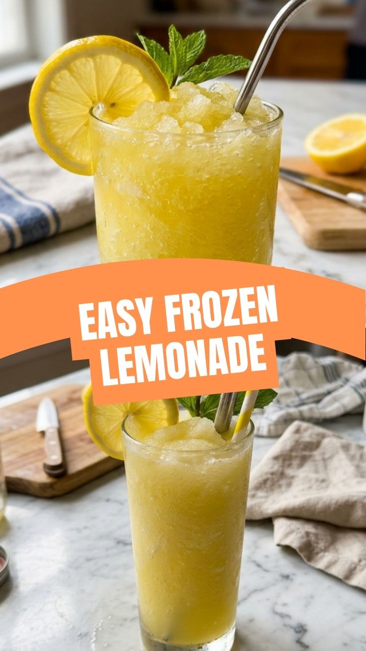 Cool frozen lemonade in a glass with ice and lemon slices