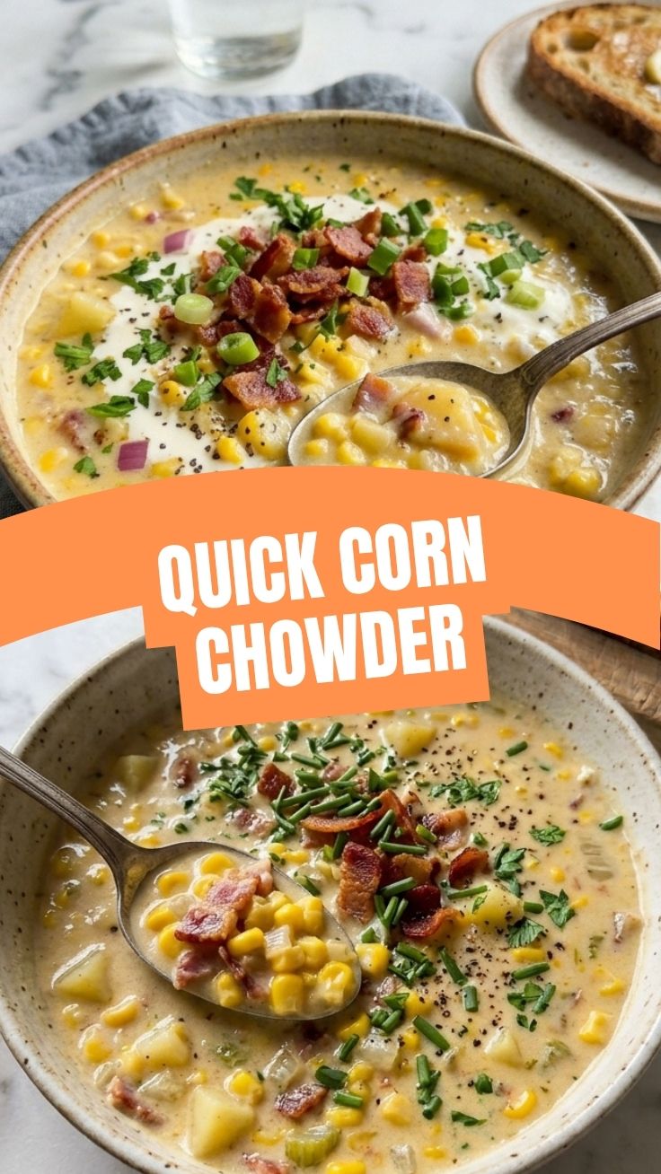 A steaming bowl of hearty corn chowder, ready to eat