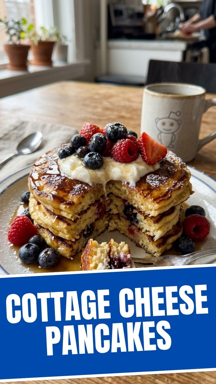A stack of fluffy cottage cheese pancakes dusted with powdered sugar.