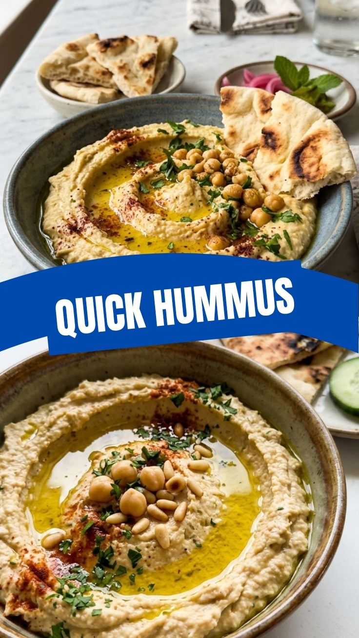 Creamy homemade hummus dip in a bowl drizzled with olive oil