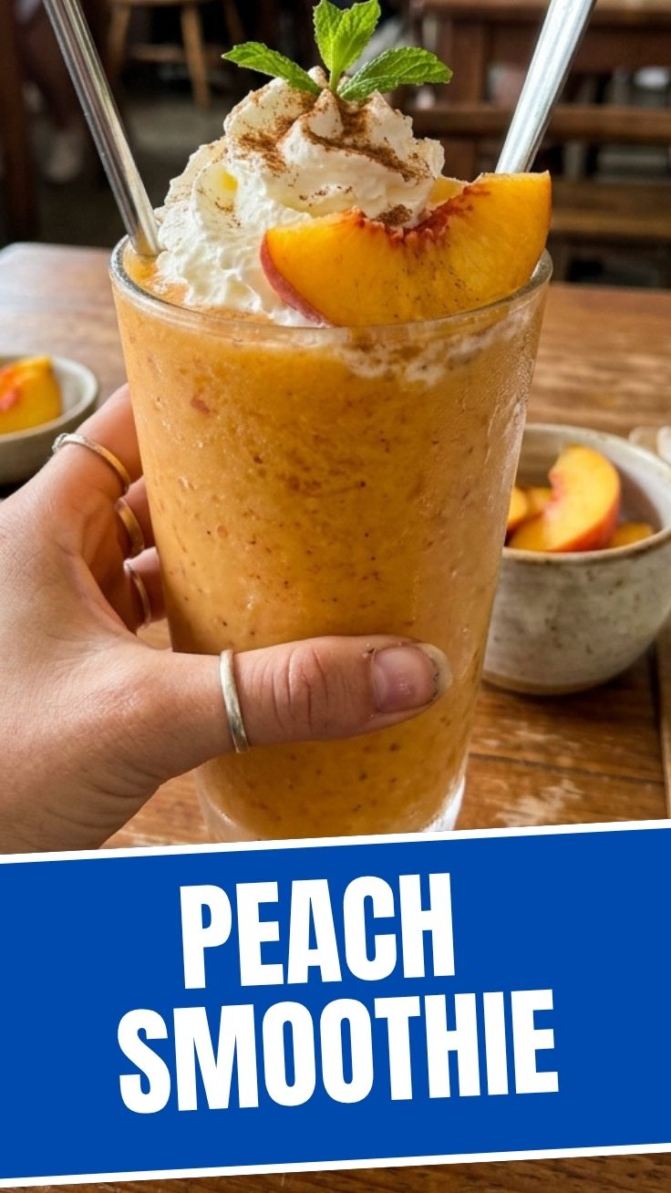 A vibrant peach smoothie in a clear glass with fresh peach slices for garnish.