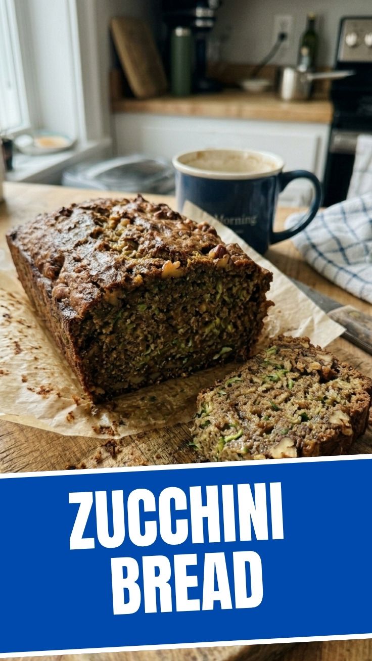A freshly baked loaf of zucchini bread, golden brown and moist