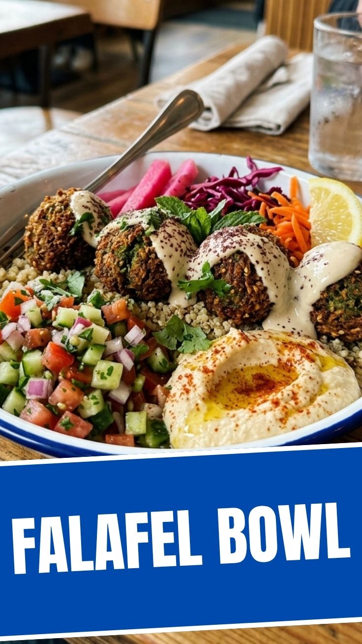 Fresh ingredients for a falafel bowl including chickpeas, herbs, and vegetables