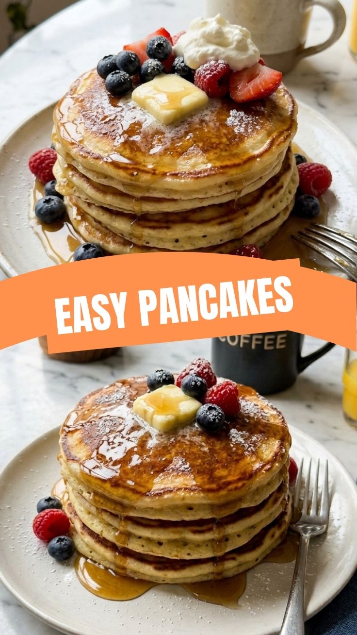 Stack of fluffy homemade pancakes drizzled with syrup