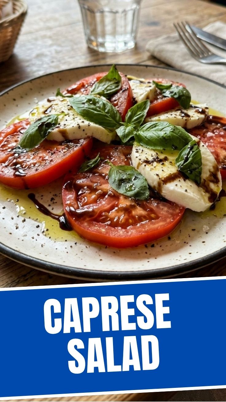 A vibrant Caprese salad with fresh mozzarella, basil, and tomatoes
