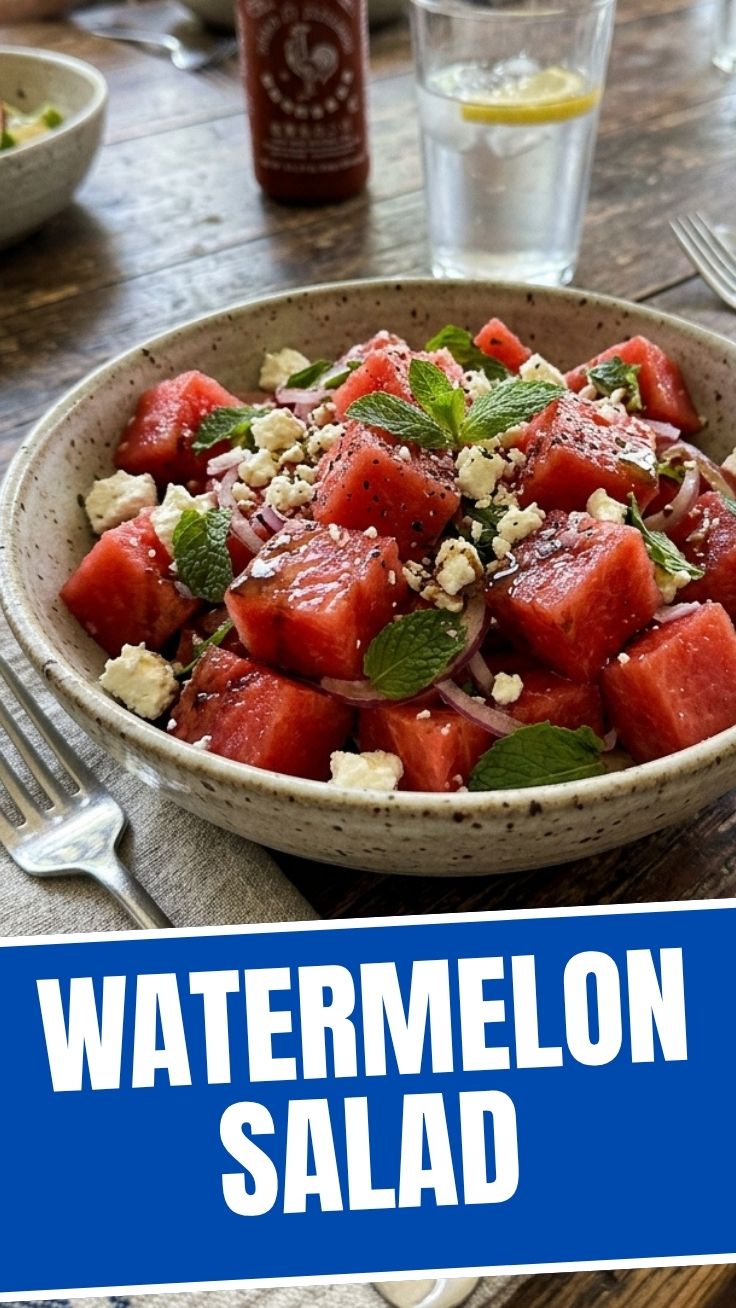 A bowl of refreshing watermelon salad with mint and feta