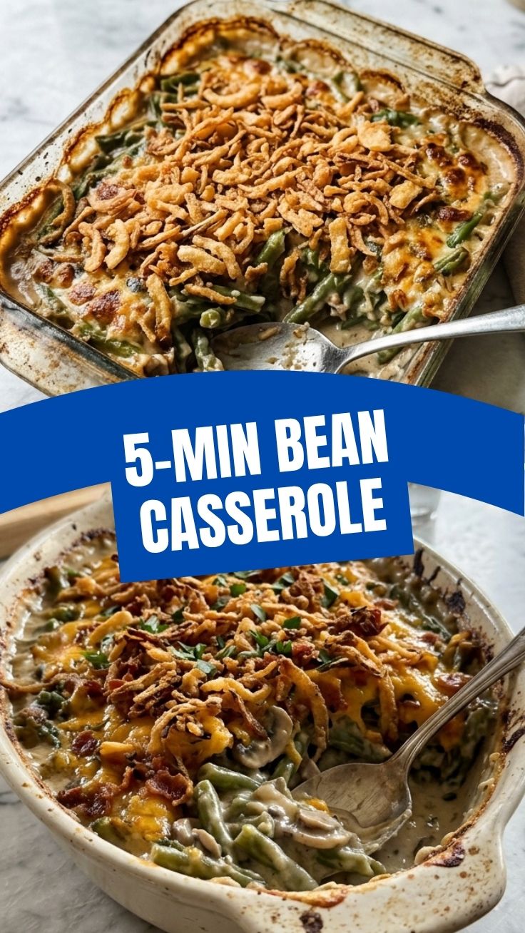 A classic green bean casserole in a white baking dish, ready to serve.