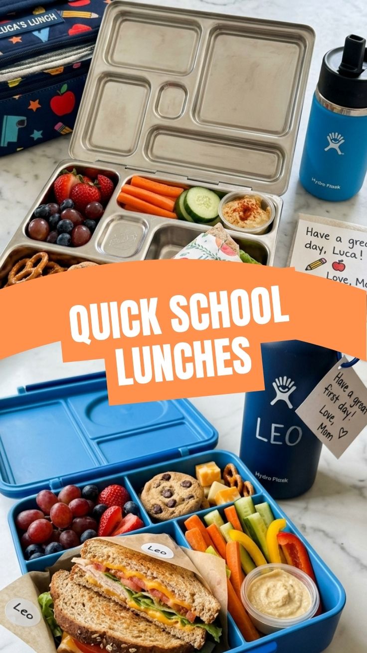 A variety of healthy back-to-school lunches neatly packed in containers