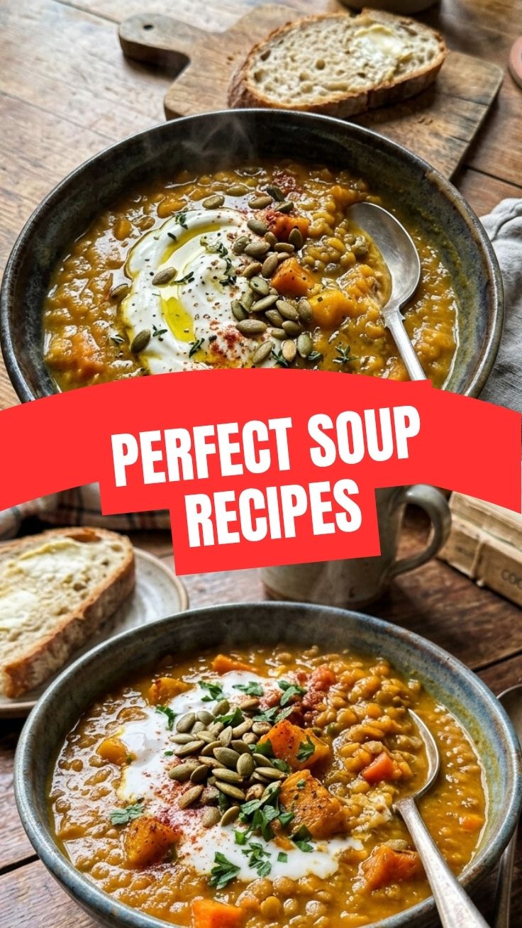 A bowl of golden butternut squash soup garnished with pumpkin seeds and a swirl of yogurt