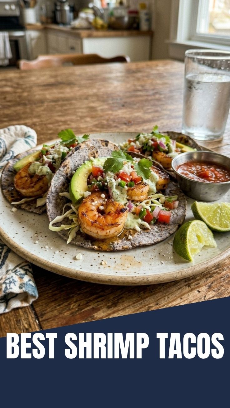 Healthy grilled shrimp tacos with fresh cilantro and lime