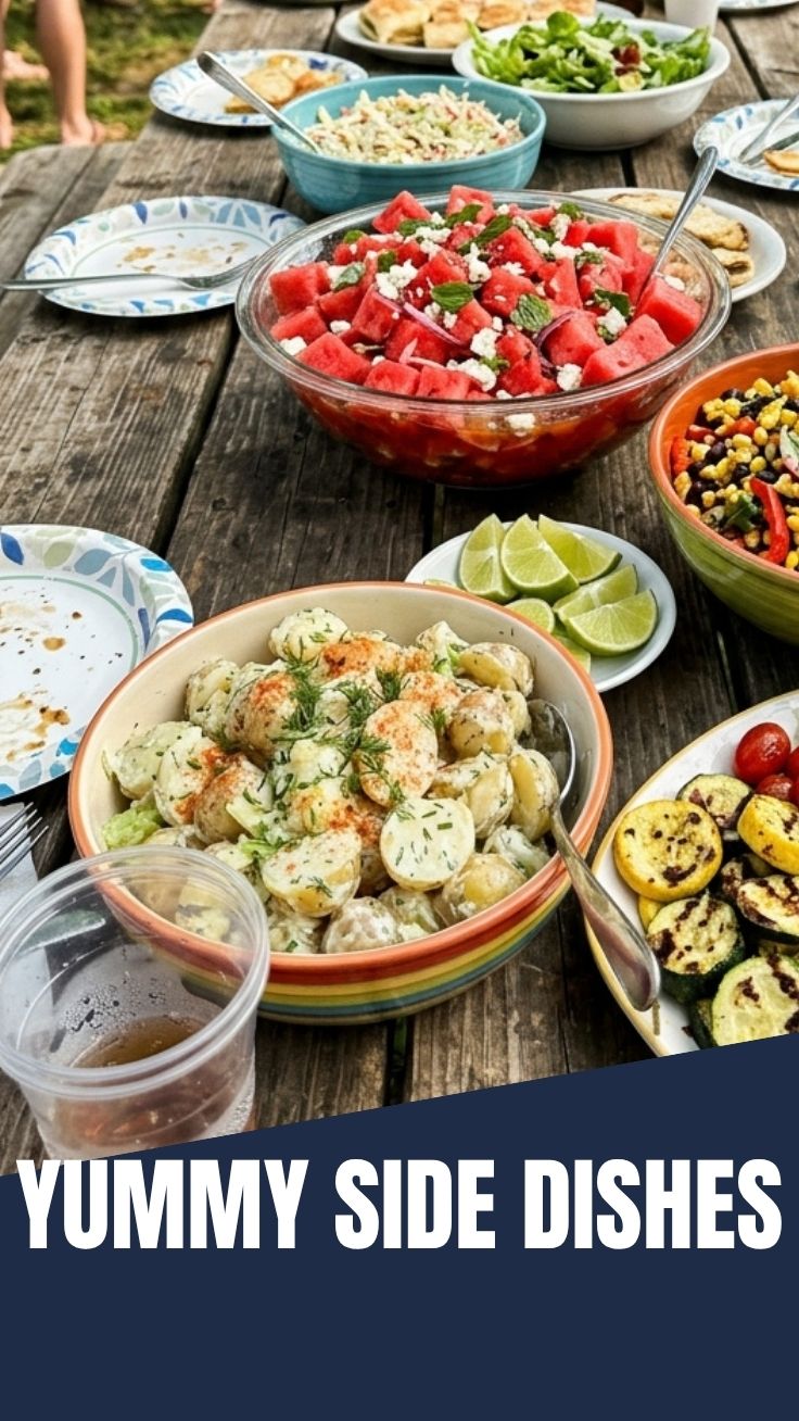Fresh cucumber salad and grilled vegetable salads on a wooden table