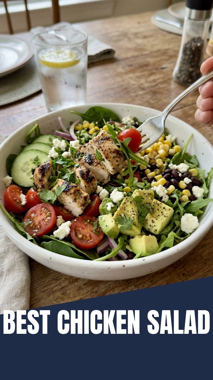 Healthy summer chicken salad bowl with cucumber, chicken, and cherry tomatoes
