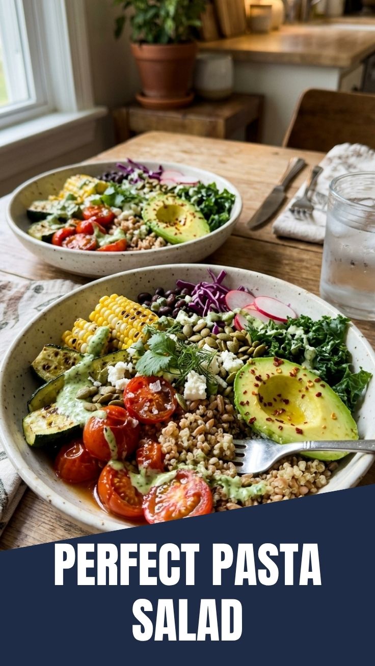 Healthy summer pasta salad served in a white bowl with colorful vegetables
