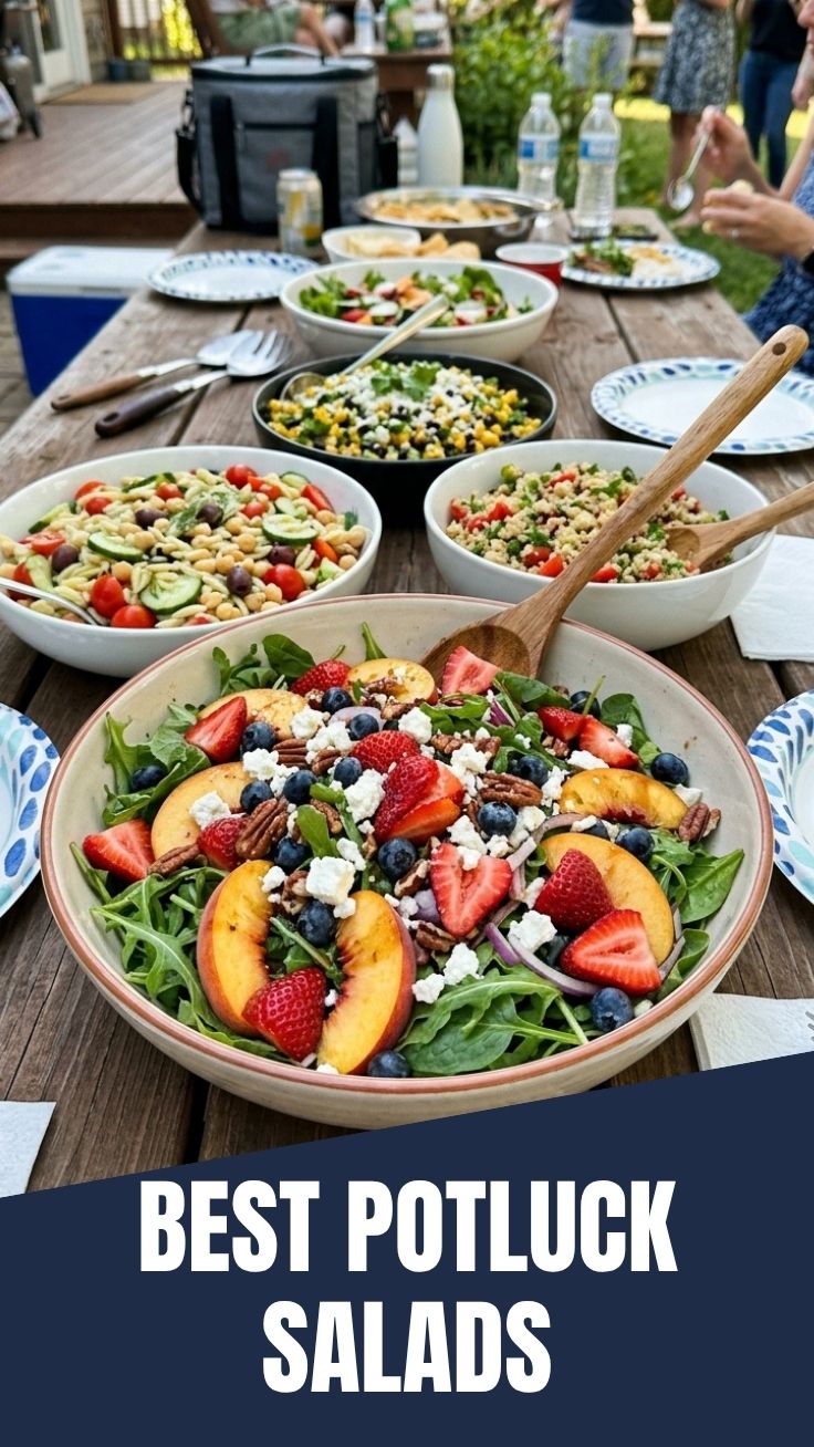 Healthy summer potluck salads in a bowl with fresh vegetables and herbs
