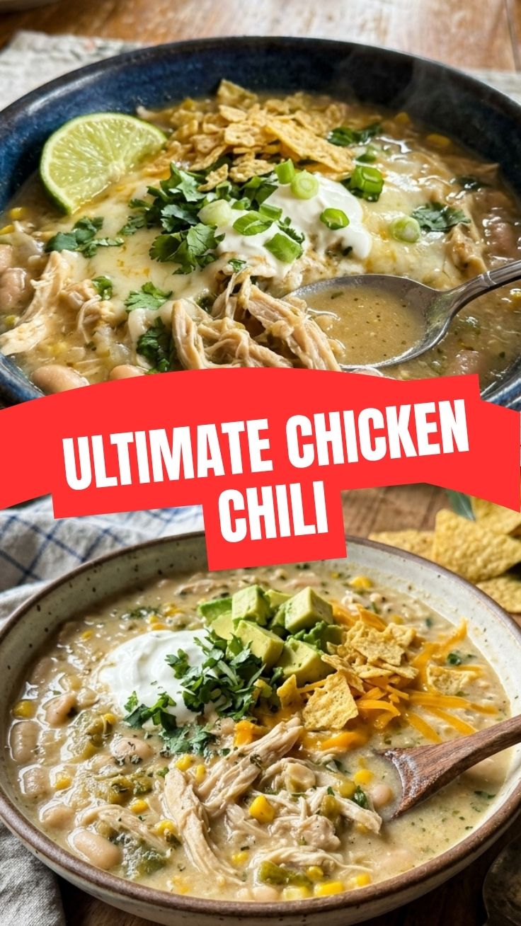 Healthy white chicken chili topped with cilantro and lime