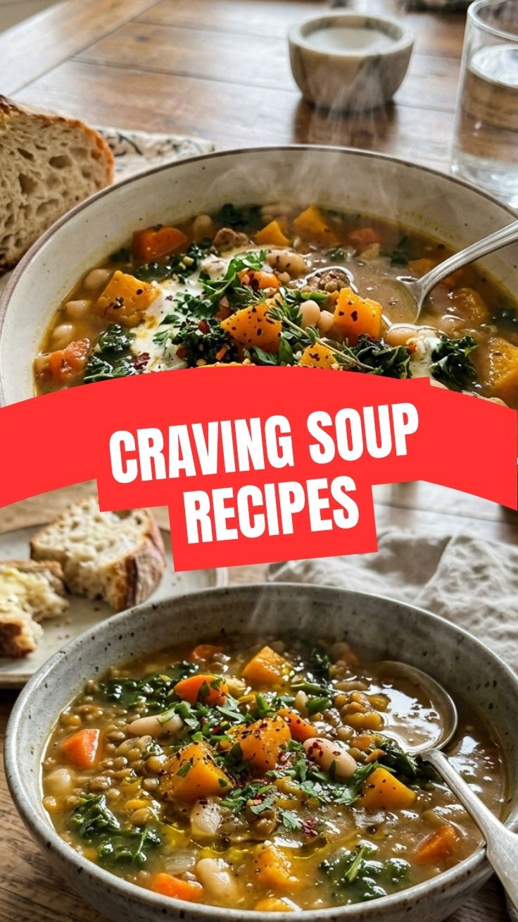 steaming bowl of healthy winter soup with lentils and vegetables