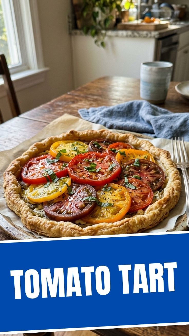 Heirloom Tomato Tart with golden crust and fresh basil