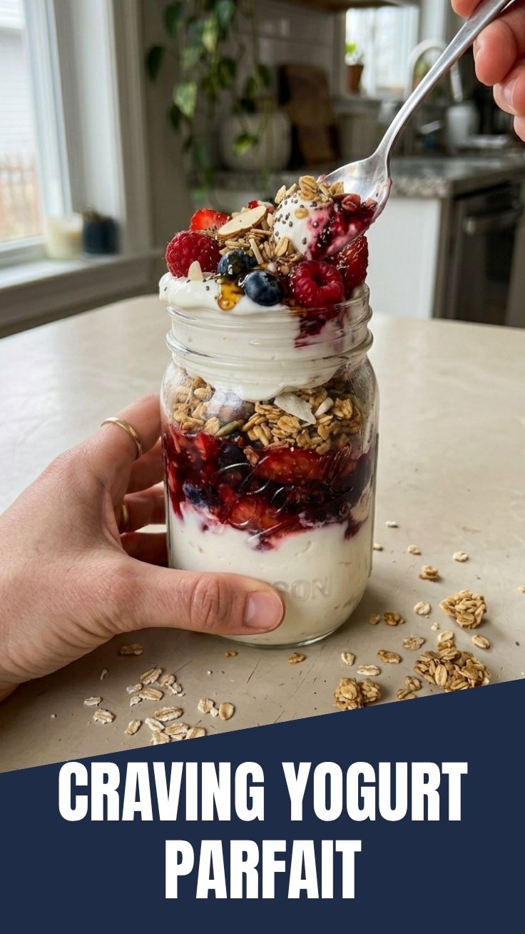 Layers of a high protein Greek yogurt parfait with berries and granola