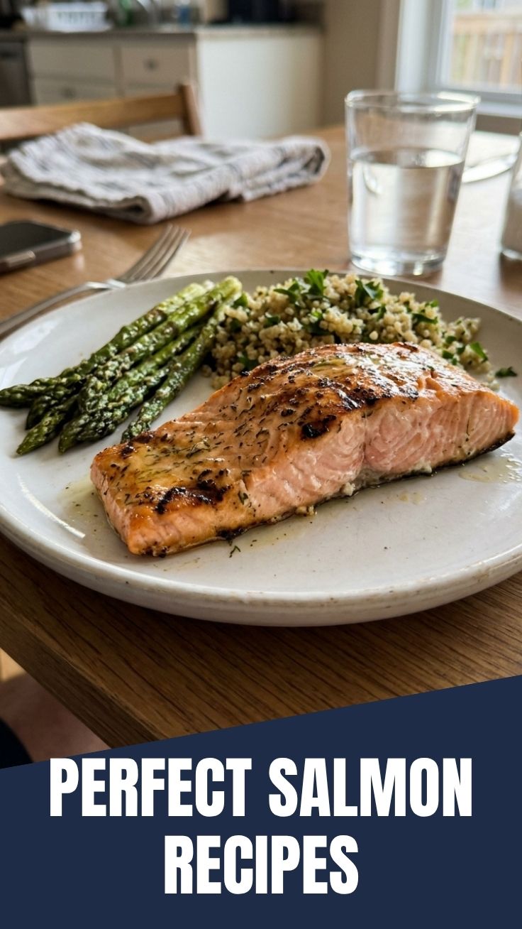 Grilled salmon fillets on a wooden board with lemon and herbs