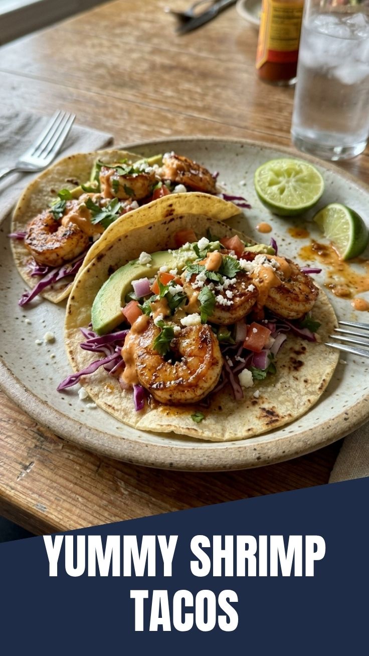 A close-up of high protein shrimp tacos with fresh cilantro and lime wedges.