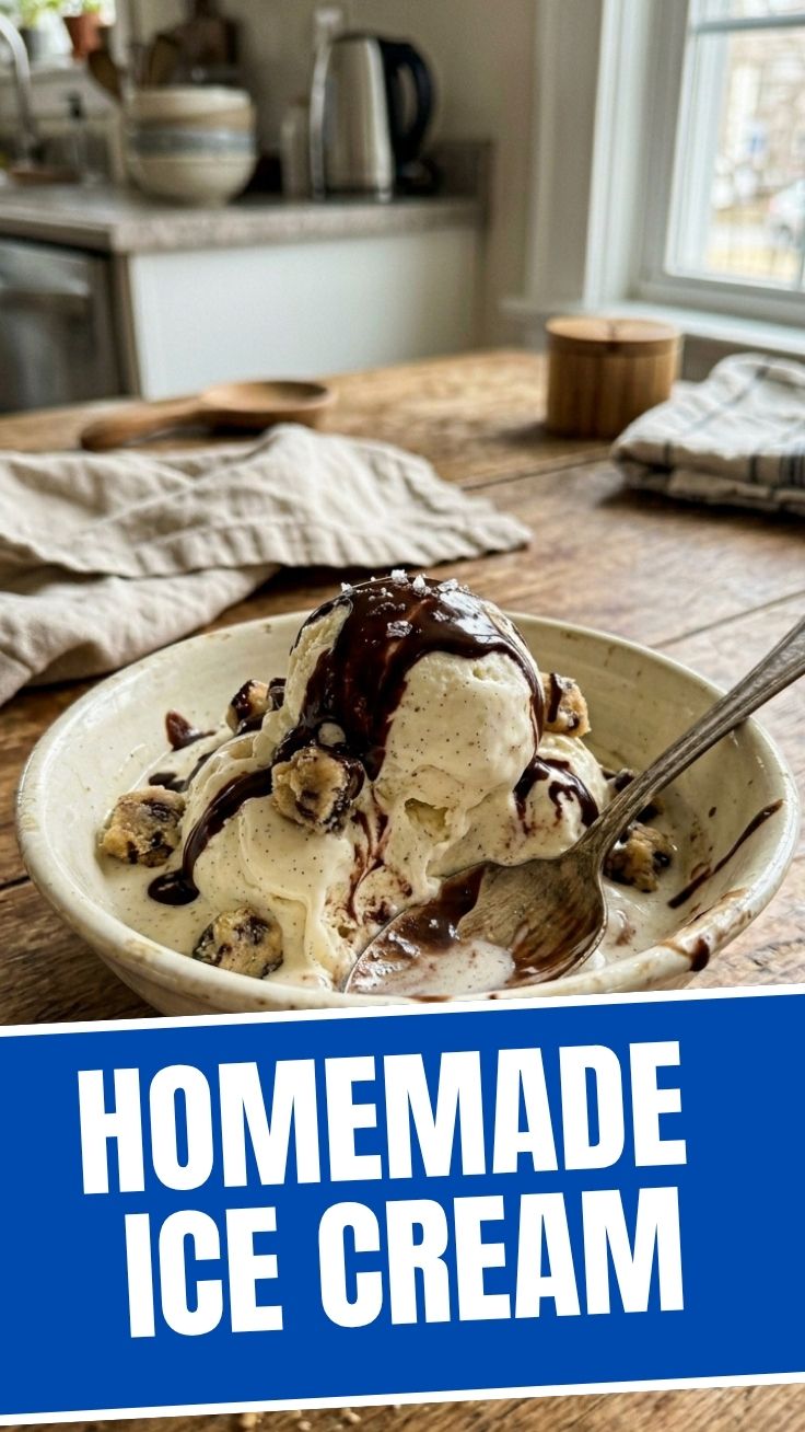 A scoop of homemade vanilla ice cream in a bowl