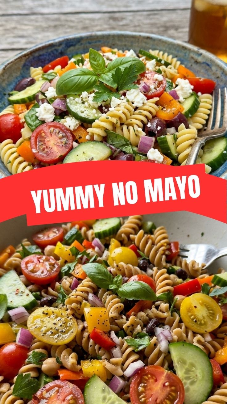 Low calorie summer pasta salad no mayo with fresh vegetables and herbs