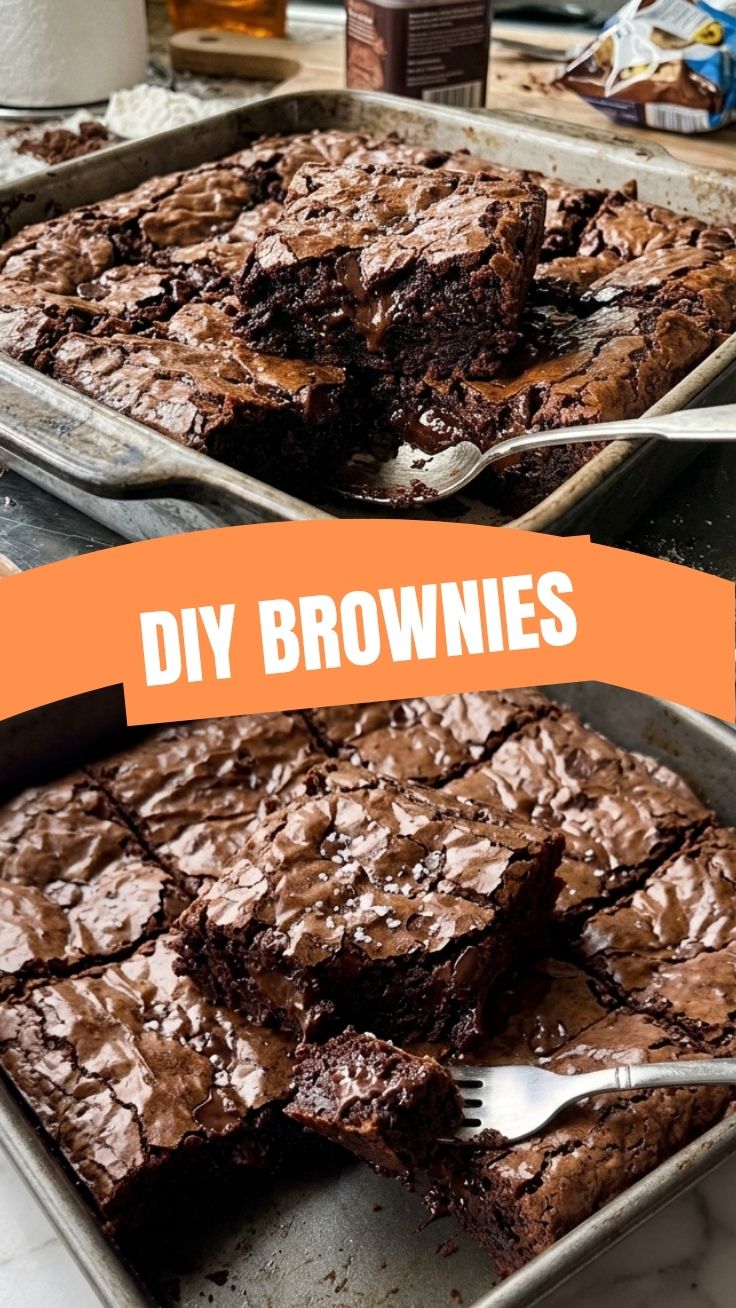 A close-up shot of rich, fudgy brownies with a crinkly top
