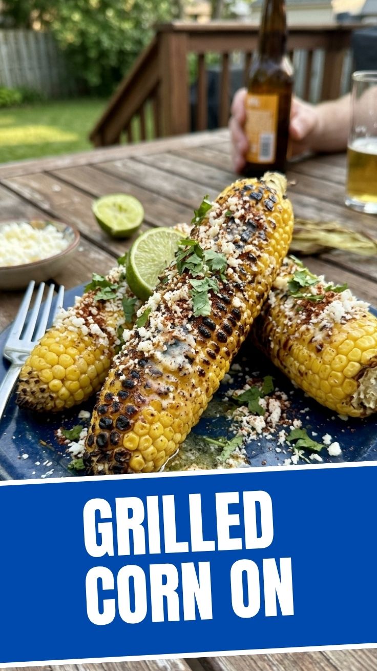 Perfectly charred grilled corn on the cob with crema and cotija cheese