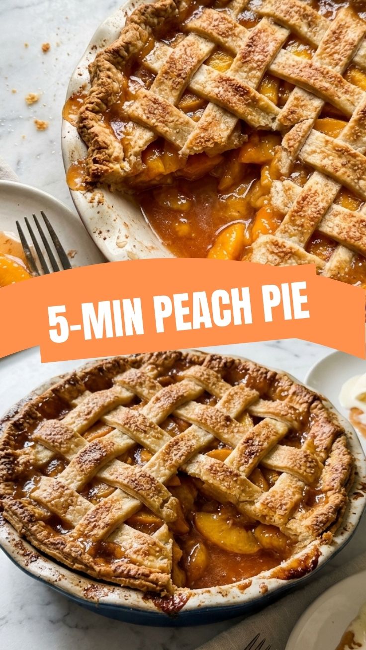 A freshly baked peach pie with a golden, flaky crust on a cooling rack.