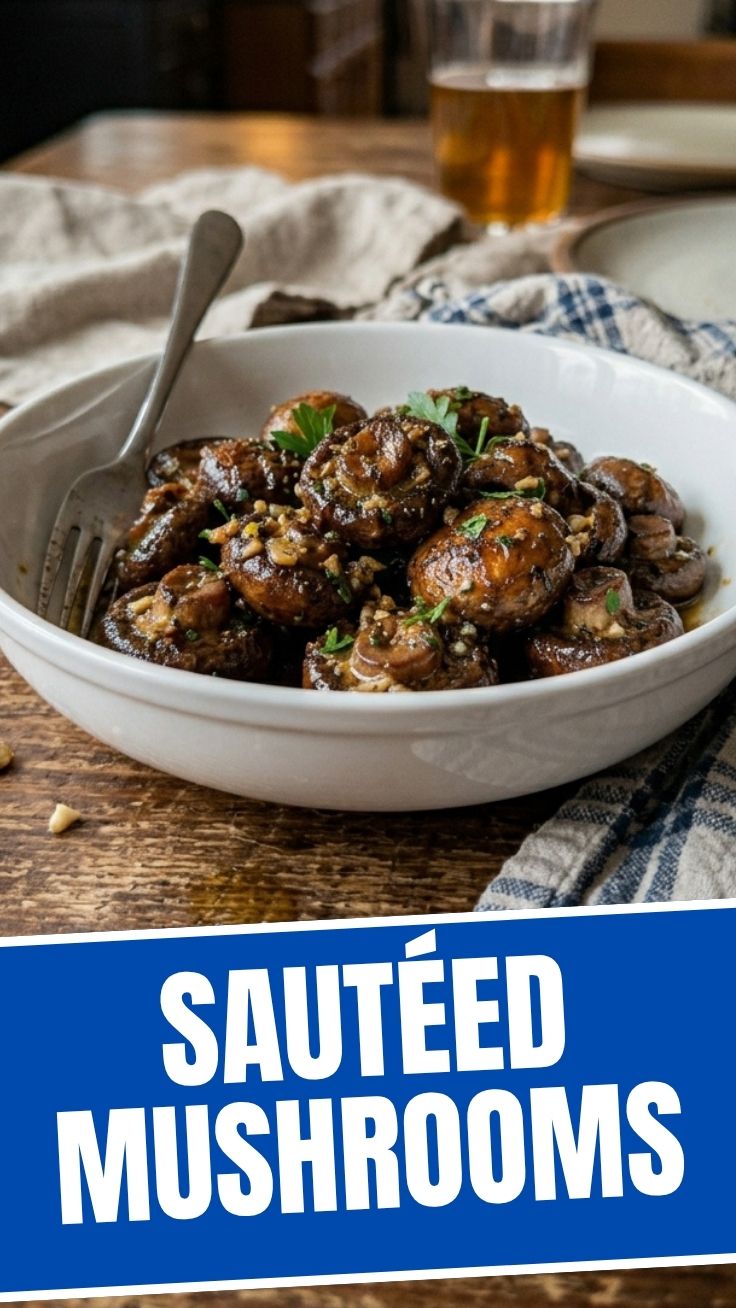 Golden brown sautéed mushrooms with garlic butter and fresh thyme in a skillet